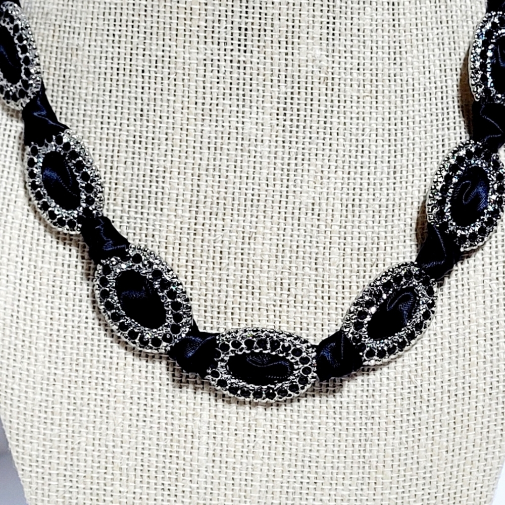 Natasha Couture Silver & Black Rhinestone Necklace